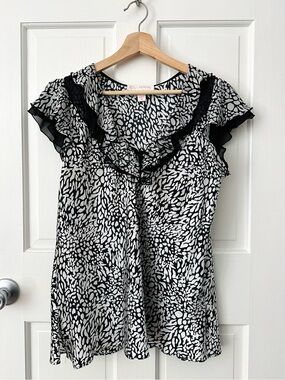 Oscar de la Renta Pink Label Satin Ruffle Top Cap Sleeve Black White Bow Size M